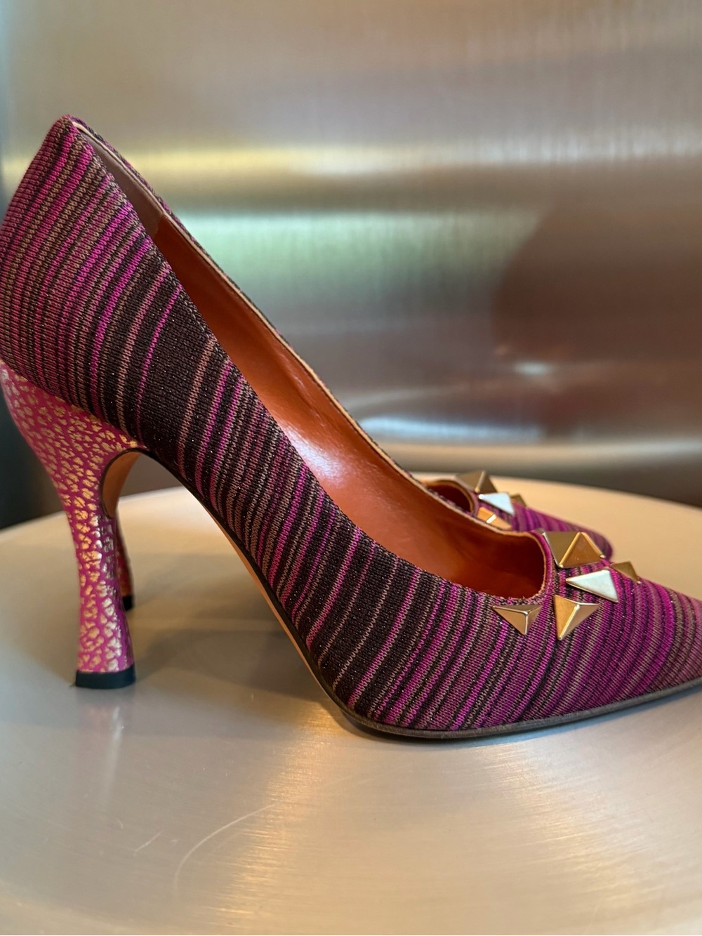 Missoni Italy Studded Fabric Pointed Toe Pumps Pink Purple 37.5 US 7.5 in Box